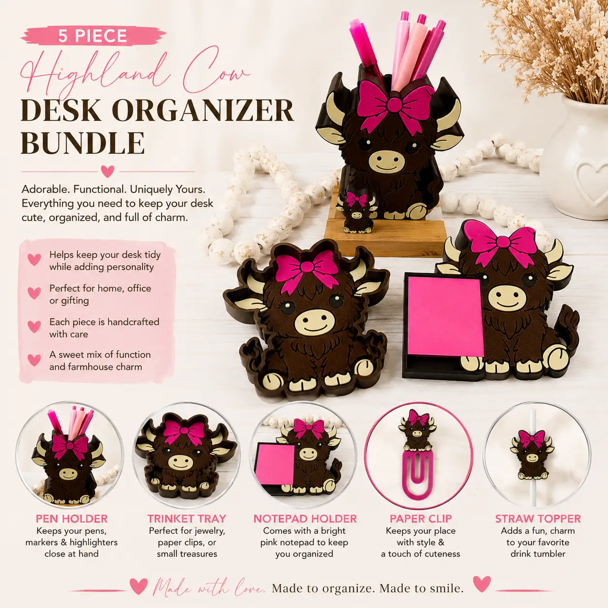 Truly Olive Highland Cow Desk Organizer Set – 5-Piece Cute Cow Office & Desk Accessories Bundle - Desktop Organizers Desk Organizers