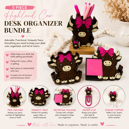 Truly Olive Highland Cow Desk Organizer Set – 5-Piece Cute Cow Office & Desk Accessories Bundle - Desktop Organizers Desk Organizers