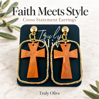 Trulyolive Brown Cross Statement Earrings With Textured Gold Frame - Earrings
