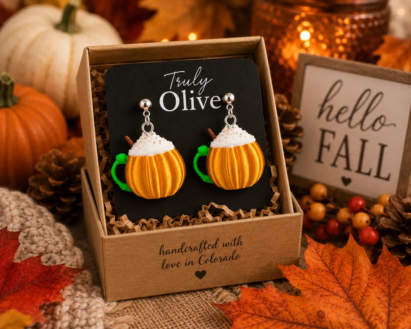 Pumpkin spice mug earrings displayed on Truly Olive branded jewelry card, gift-ready packaging for fall birthdays, Thanksgiving, and coffee lovers.