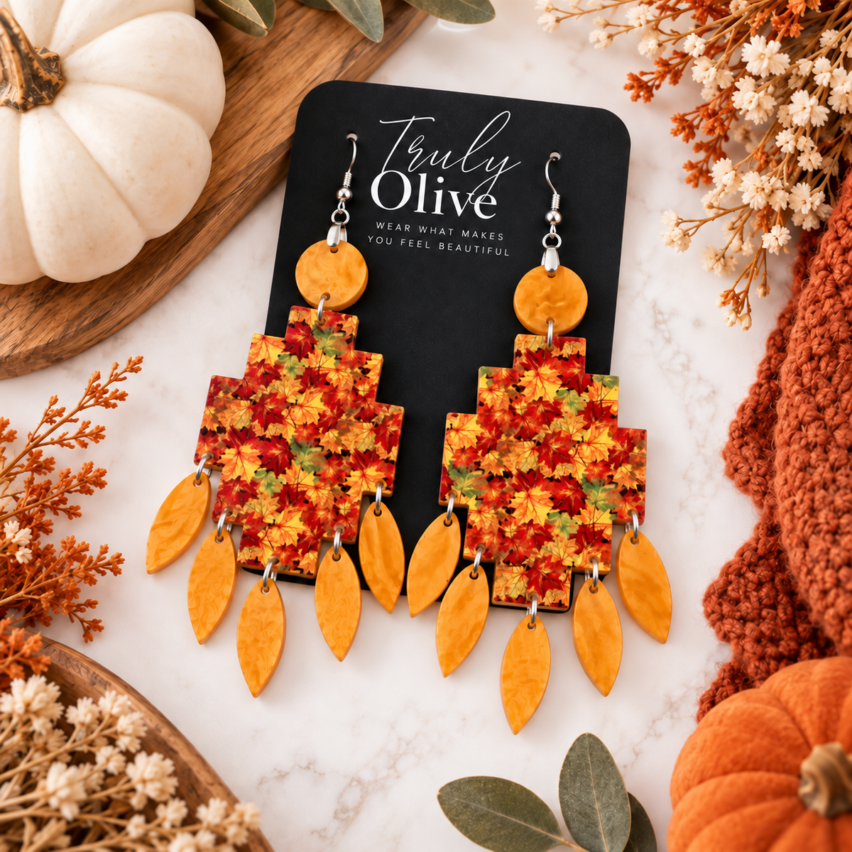 Truly Olive Fall Leaf Statement Earrings | Autumn Maple Jewelry | Truly Olive - Earrings Dangle Earrings