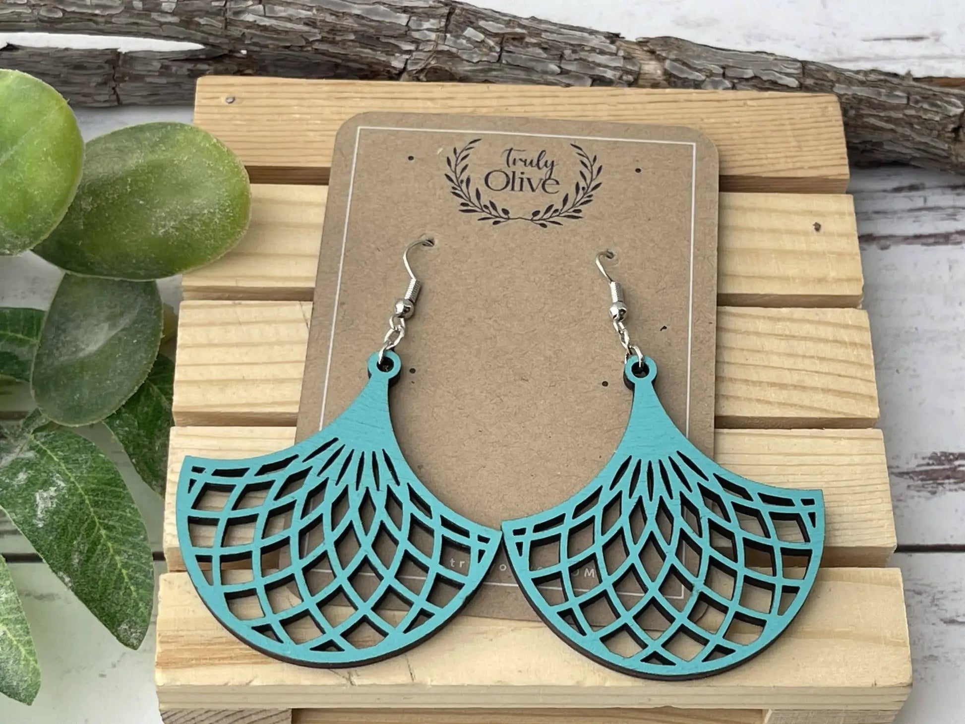 Truly Olive Stunning Wood Mandala Earrings in Unique Fanned Out Shape - Earrings Dangle Earrings