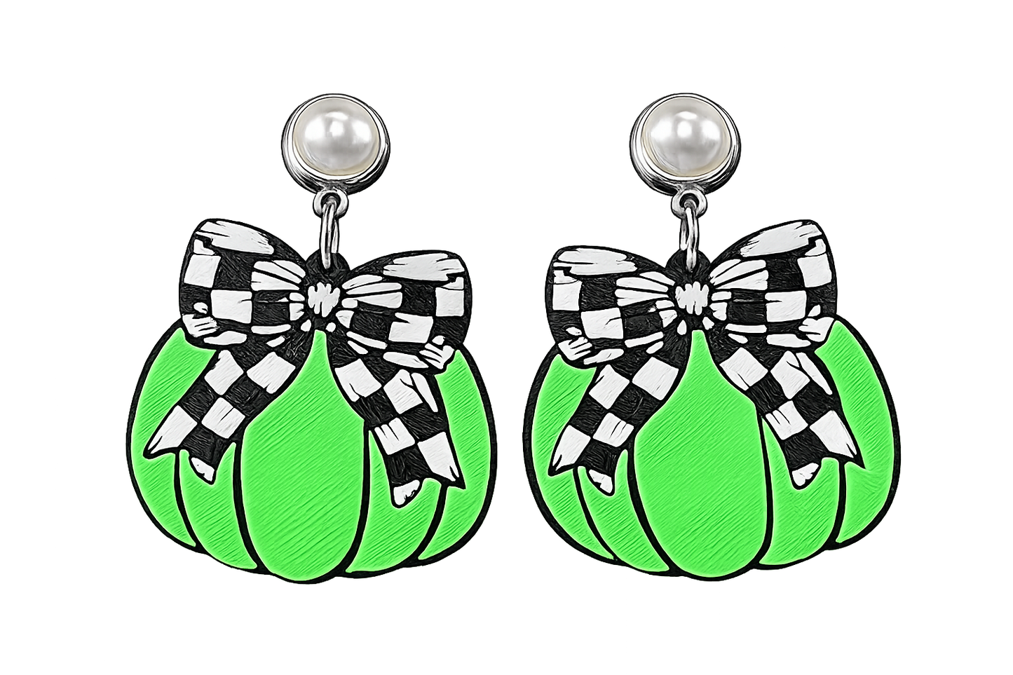 Truly Olive Checkered Bow Pumpkin Earrings – Fall & Halloween Statement Earrings - Earrings Stud/Post Earrings