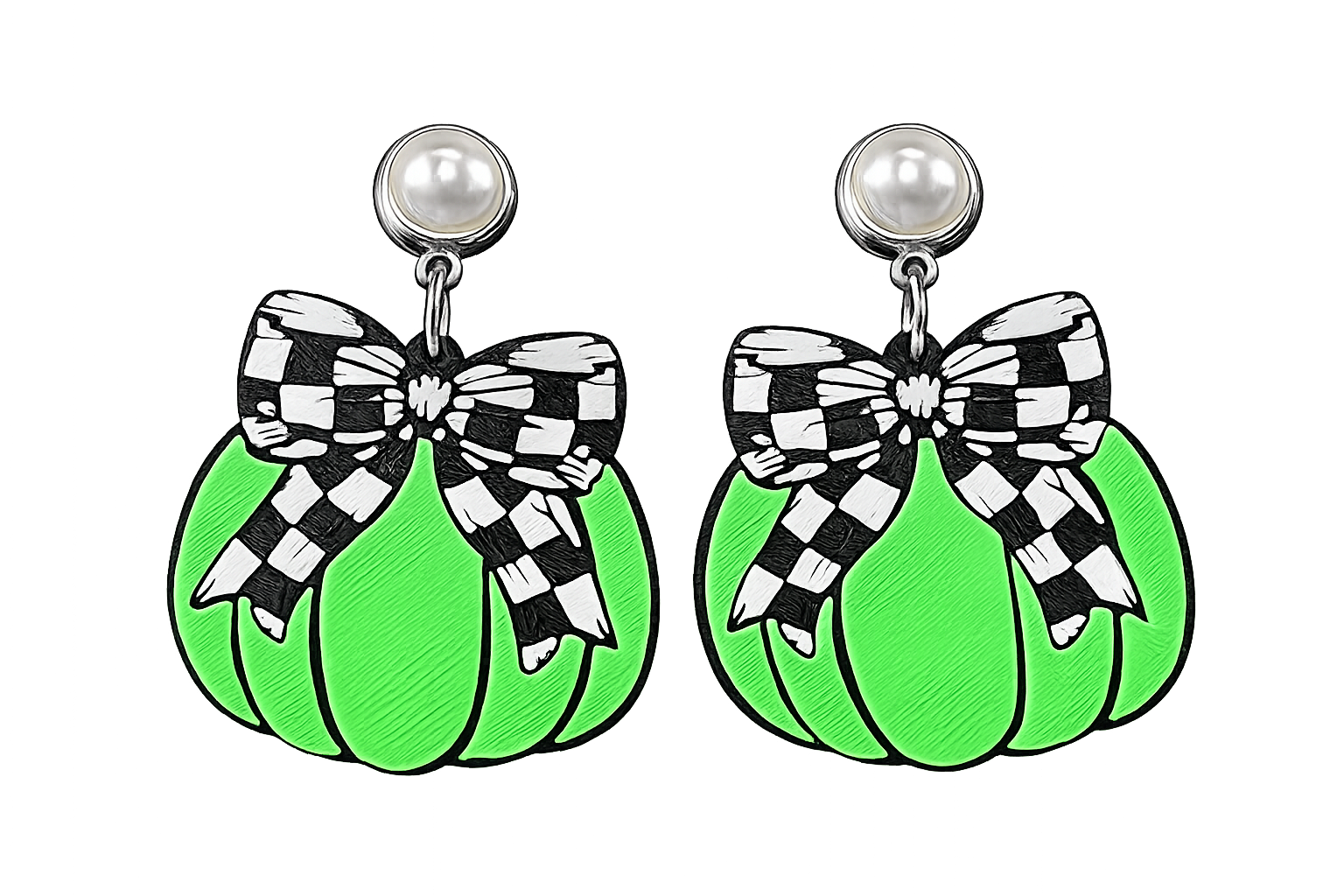 Truly Olive Checkered Bow Pumpkin Earrings – Fall & Halloween Statement Earrings - Earrings Stud/Post Earrings