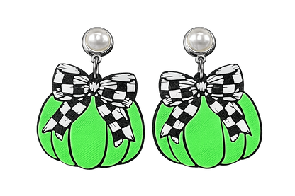 Truly Olive Checkered Bow Pumpkin Earrings – Fall & Halloween Statement Earrings - Earrings Stud/Post Earrings