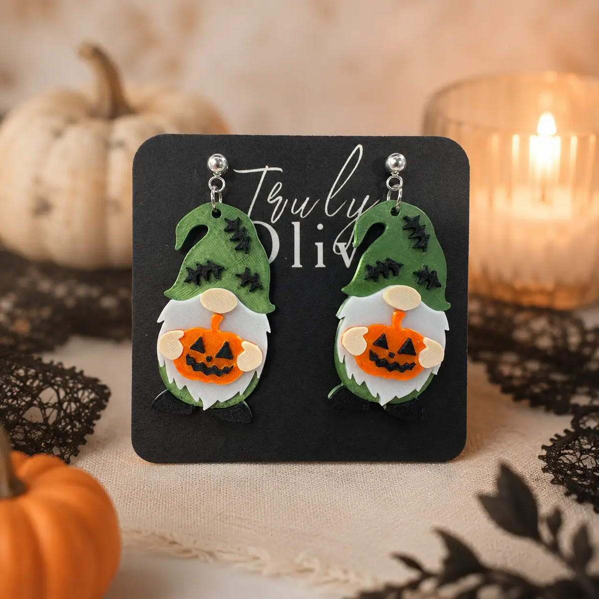 Truly Olive Halloween Gnome Pumpkin Earrings Witch Hat Fall Statement Dangles - Earrings Stud/Post Earrings