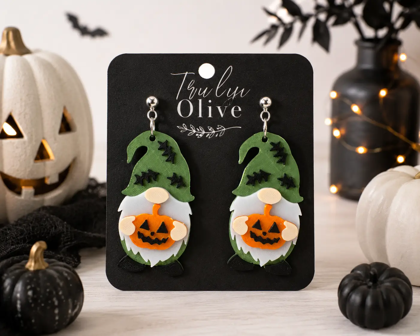 Truly Olive Halloween Gnome Pumpkin Earrings Witch Hat Fall Statement Dangles - Earrings Stud/Post Earrings