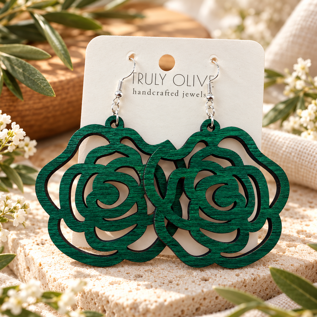 Truly Olive Wood Rose Statement Earrings - Earrings Dangle Earrings