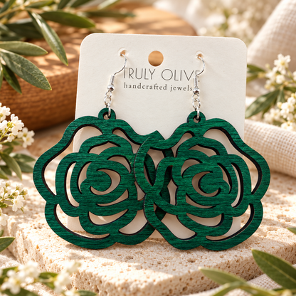 Truly Olive Wood Rose Statement Earrings - Earrings Dangle Earrings