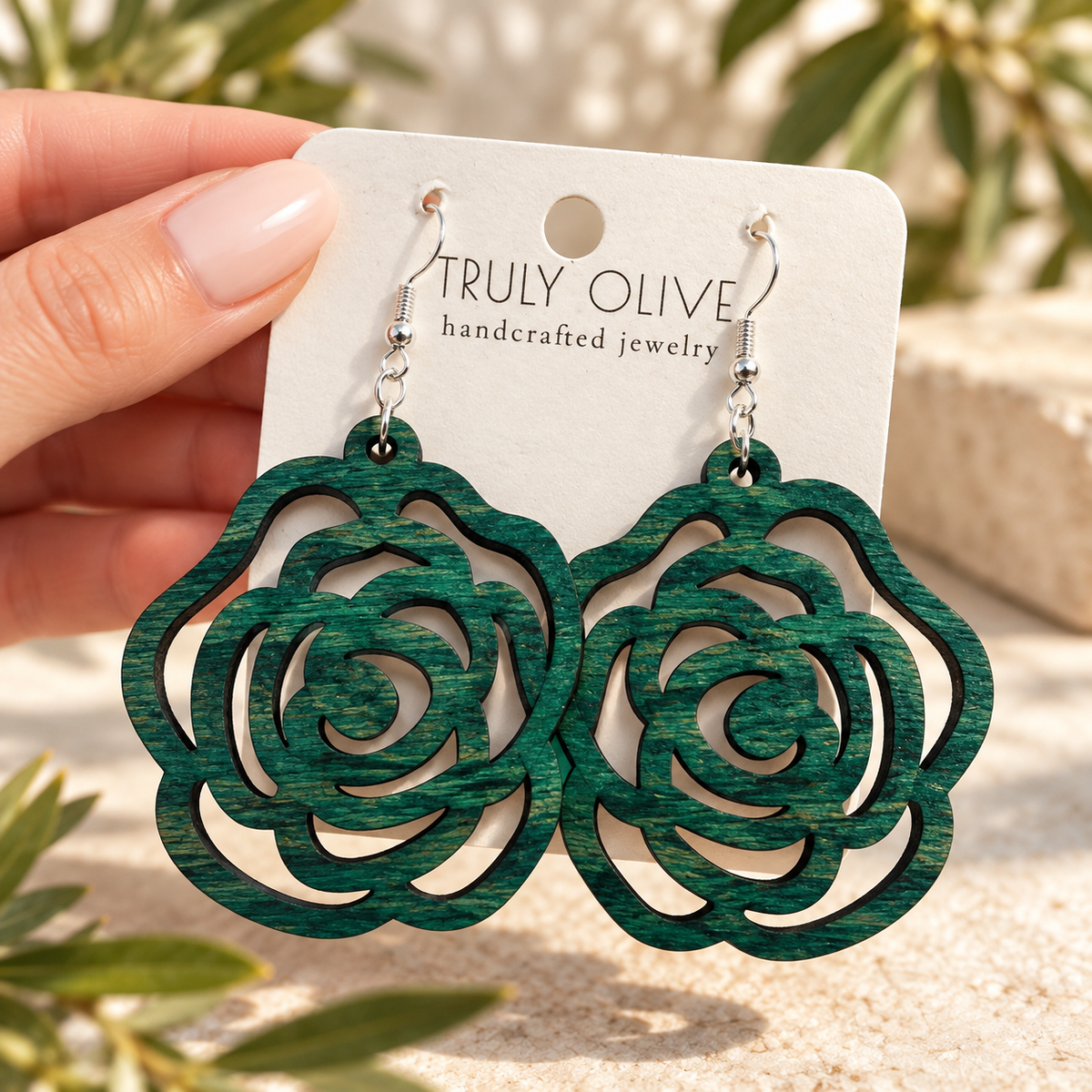 Truly Olive Wood Rose Statement Earrings - Earrings Dangle Earrings