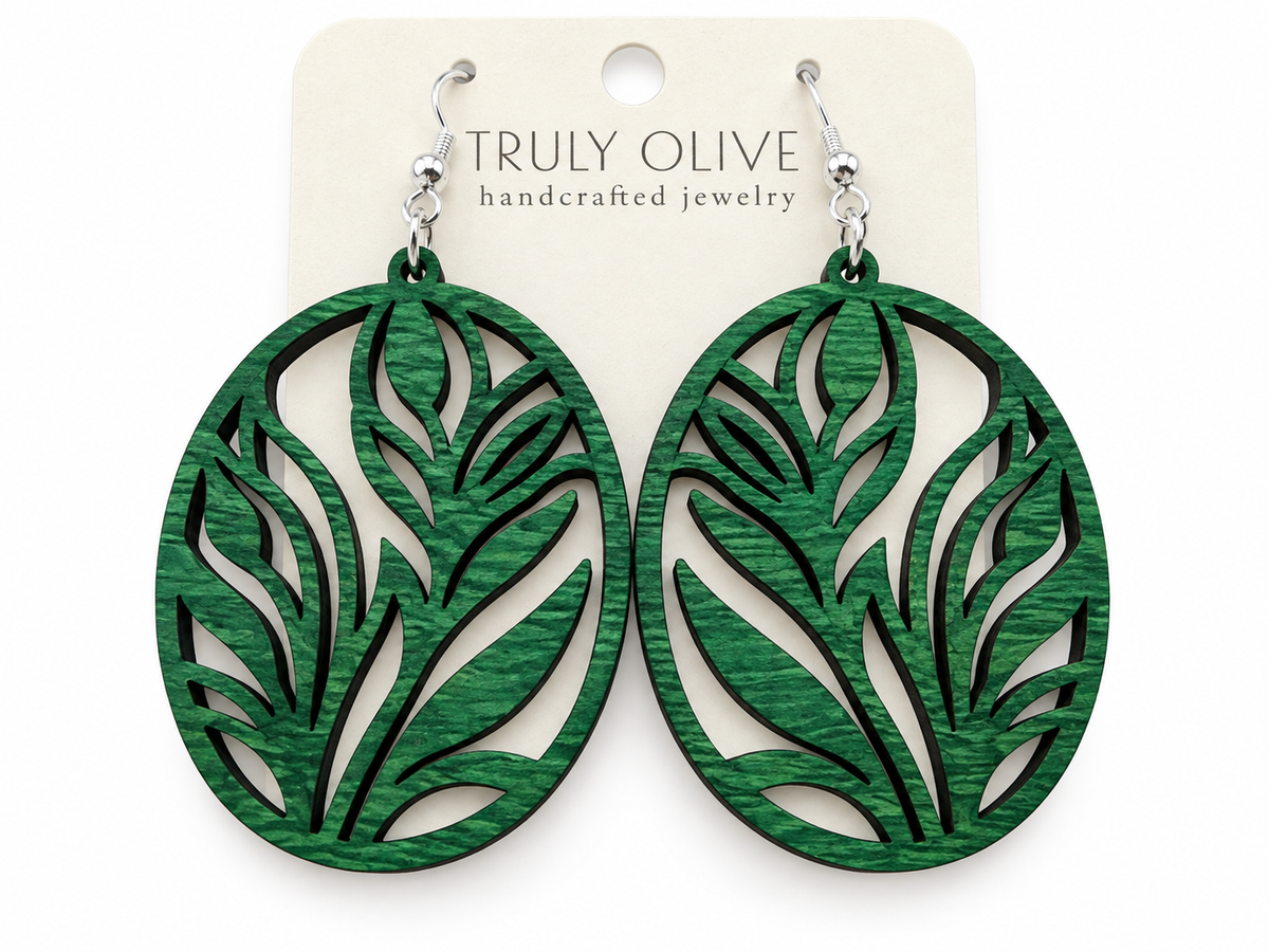 Truly Olive Botanical Oval Wood Earrings - Earrings Dangle Earrings