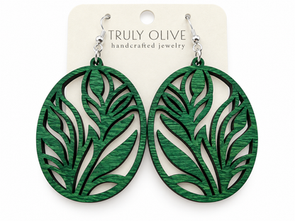 Truly Olive Botanical Oval Wood Earrings - Earrings Dangle Earrings