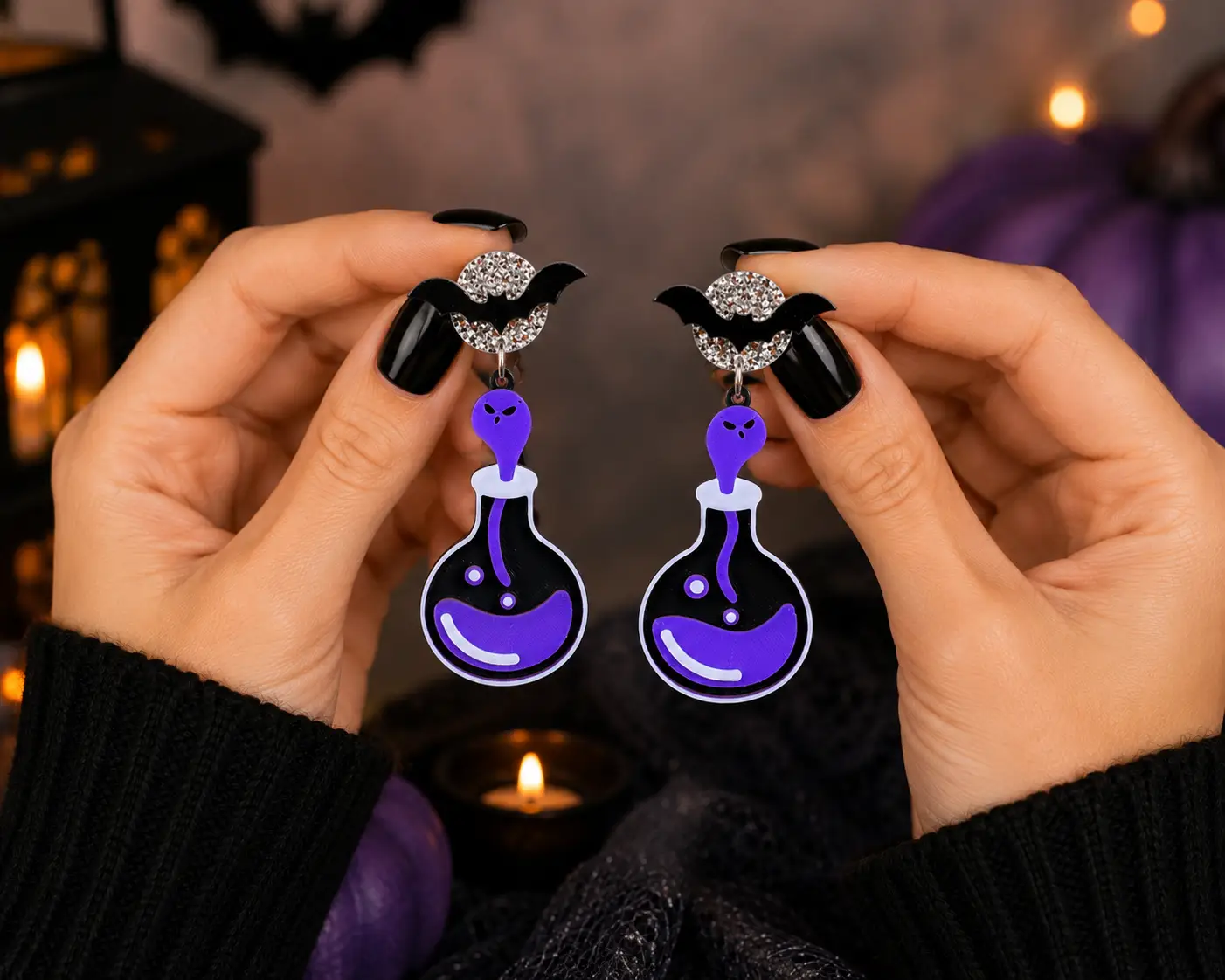 Truly Olive Poison Potion Bottle Halloween Earrings – Spooky Acrylic Dangle Earrings for Women - Earrings Stud/Post Earrings