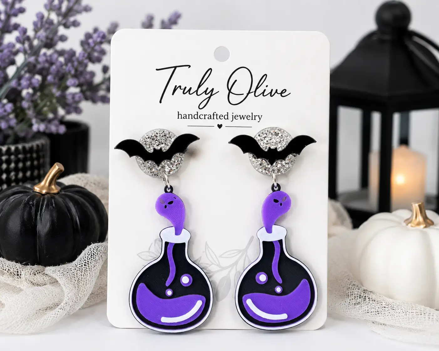 Truly Olive Poison Potion Bottle Halloween Earrings – Spooky Acrylic Dangle Earrings for Women - Earrings Stud/Post Earrings
