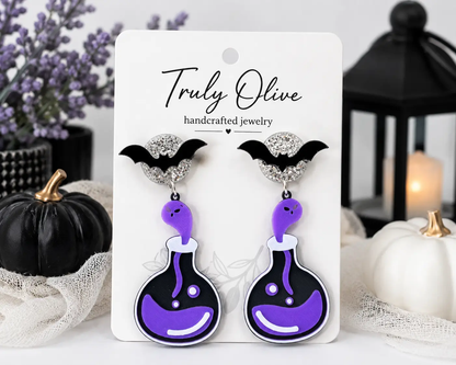 Truly Olive Poison Potion Bottle Halloween Earrings – Spooky Acrylic Dangle Earrings for Women - Earrings Stud/Post Earrings