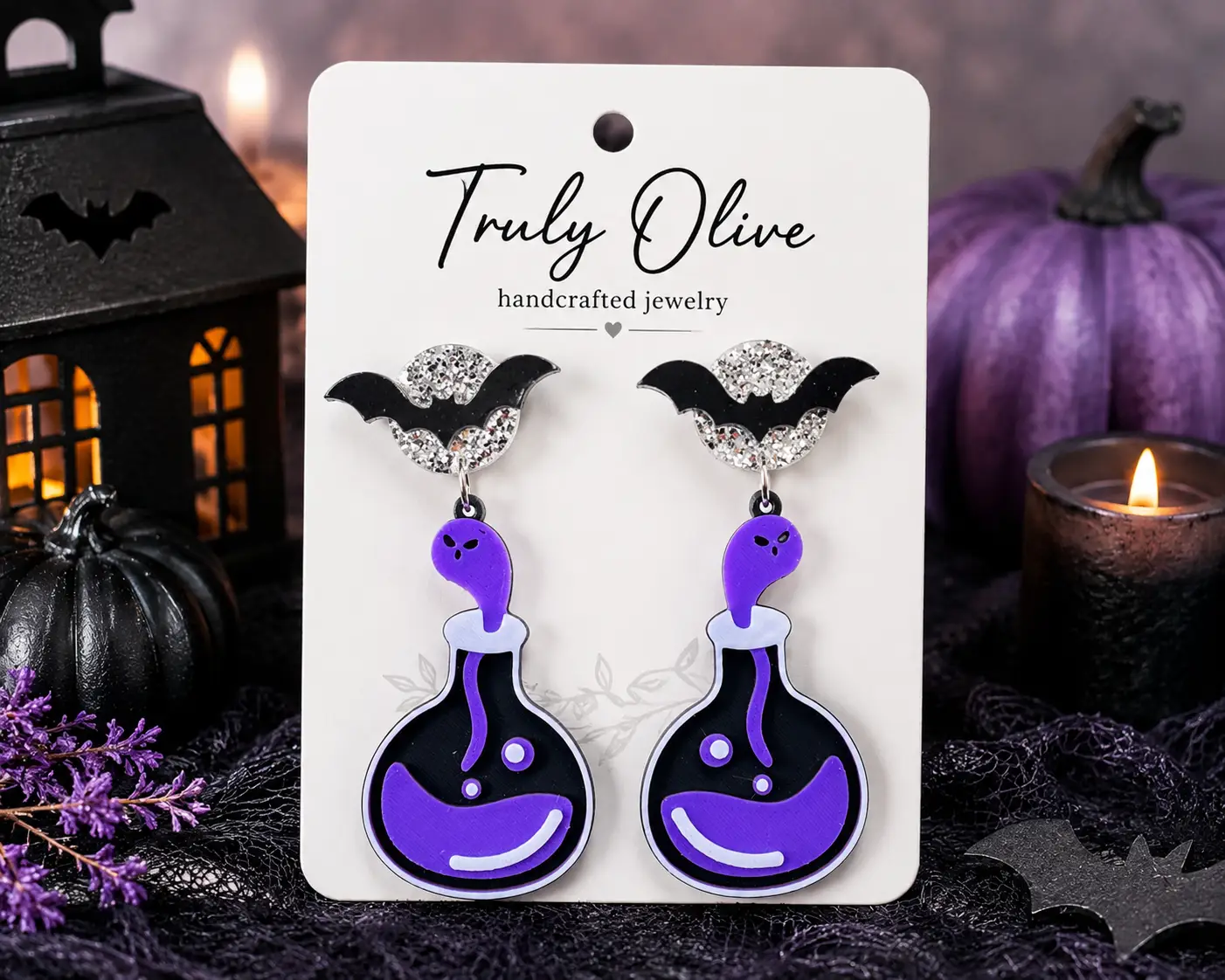 Truly Olive Poison Potion Bottle Halloween Earrings – Spooky Acrylic Dangle Earrings for Women - Earrings Stud/Post Earrings