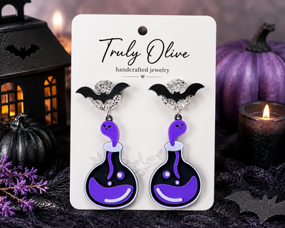 Truly Olive Poison Potion Bottle Halloween Earrings – Spooky Acrylic Dangle Earrings for Women - Earrings Stud/Post Earrings