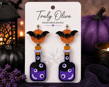 Truly Olive Poison Potion Bottle Halloween Earrings – Spooky Acrylic Dangle Earrings for Women - Earrings Stud/Post Earrings