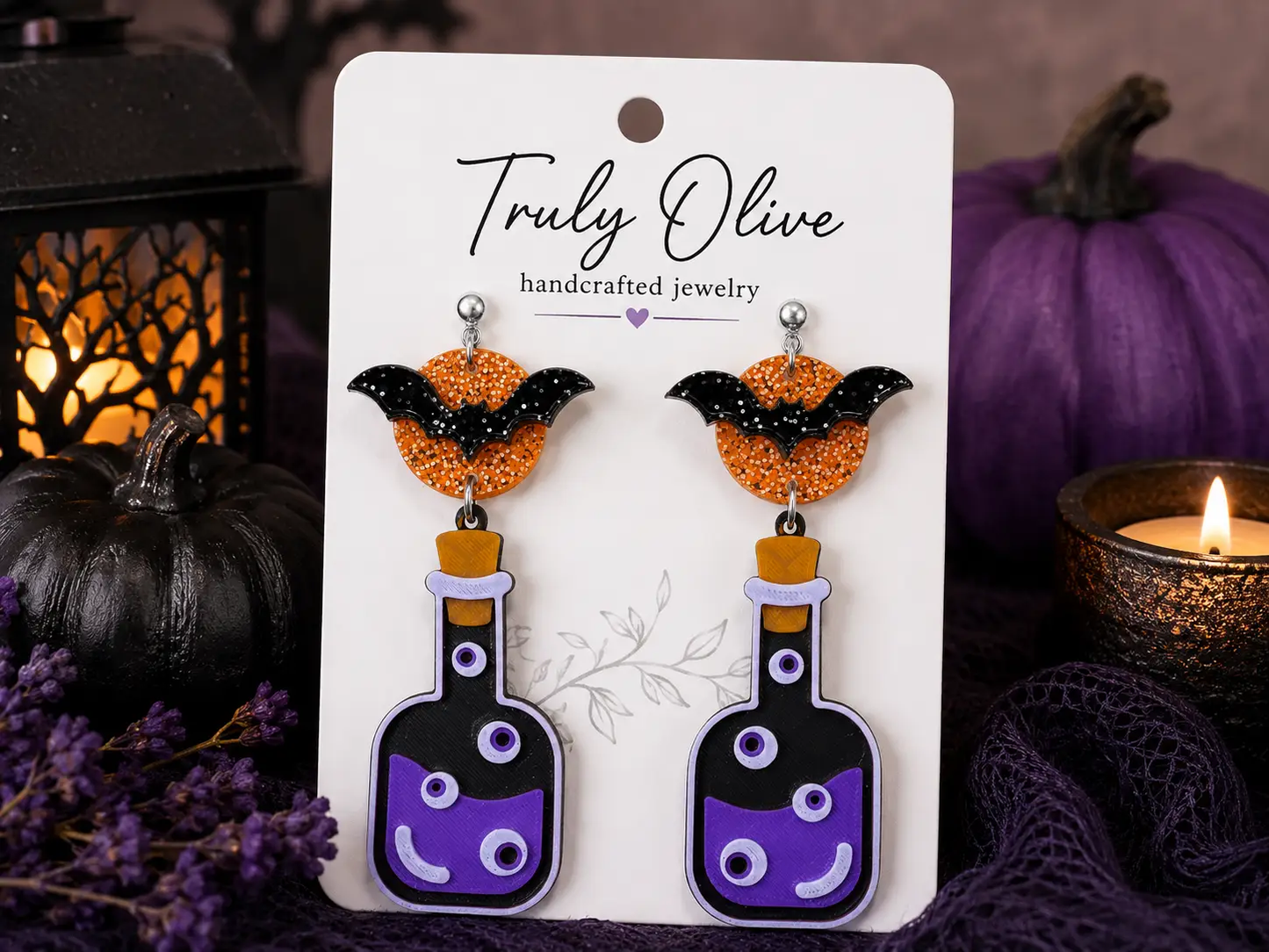 Truly Olive Poison Potion Bottle Halloween Earrings – Spooky Acrylic Dangle Earrings for Women - Earrings Stud/Post Earrings