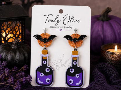 Truly Olive Poison Potion Bottle Halloween Earrings – Spooky Acrylic Dangle Earrings for Women - Earrings Stud/Post Earrings