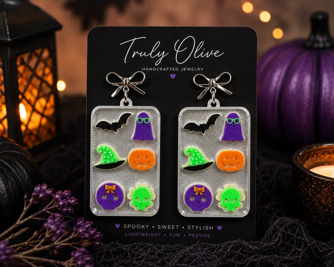 Truly Olive Spooky Halloween Cookie Sheet Earrings – Handmade Acrylic Statement Earrings 🎃👻🦇 - Earrings Stud/Post Earrings