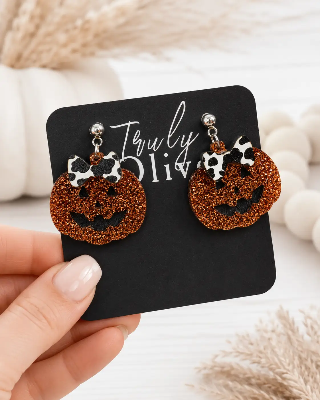 Truly Olive Glitter Pumpkin Earrings With Jack O Lantern Bow Halloween Jewelry - Earrings Dangle Earrings