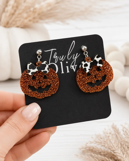 Truly Olive Glitter Pumpkin Earrings With Jack O Lantern Bow Halloween Jewelry - Earrings Dangle Earrings