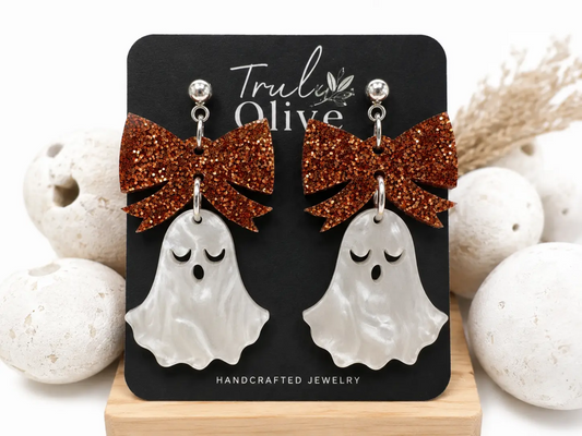 Truly Olive Halloween Ghost Earrings with Copper Glitter Bows | Lightweight Acrylic Statement Dangle Earrings | Truly Olive - Earrings Dangle Earrings