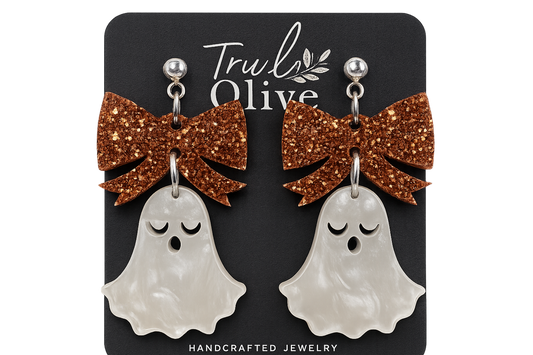 Truly Olive Halloween Ghost Lightweight Earrings With Copper Glitter Bows - Earrings Dangle Earrings
