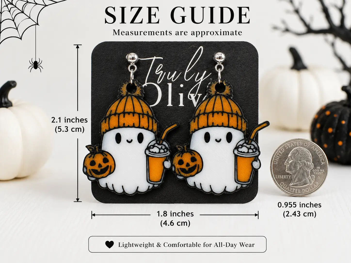 Cozy ghost earrings shown with measurement markers and a quarter for scale on a clean Halloween-themed Truly Olive size guide graphic.