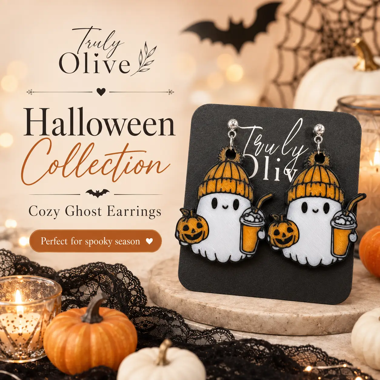 Truly Olive Halloween social graphic featuring cozy ghost earrings with orange hats, pumpkins, and fall drinks displayed with festive spooky-season décor and boutique branding.