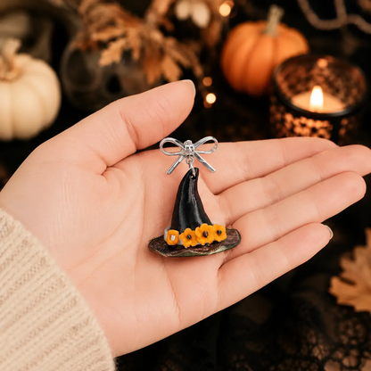 Truly Olive Handcrafted Halloween Witch Hat Dangle Earrings with Orange Flowers - Earrings Stud/Post Earrings