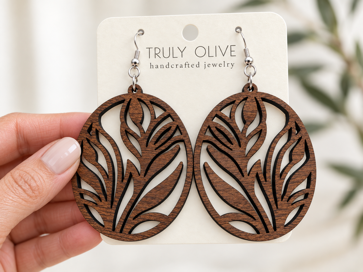 Truly Olive Botanical Oval Wood Earrings - Earrings Dangle Earrings
