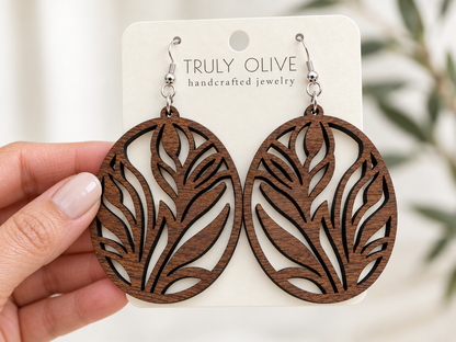 Truly Olive Botanical Oval Wood Earrings - Earrings Dangle Earrings