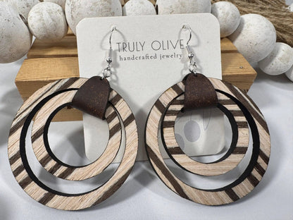 Truly Olive Leather Strap Wooden Hoop Earrings - Earrings Hoop Earrings
