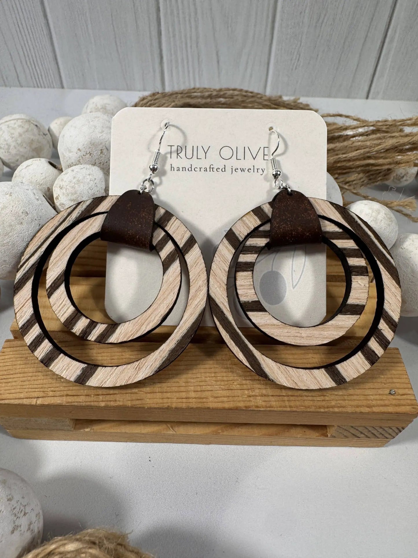 Truly Olive Leather Strap Wooden Hoop Earrings - Earrings Hoop Earrings