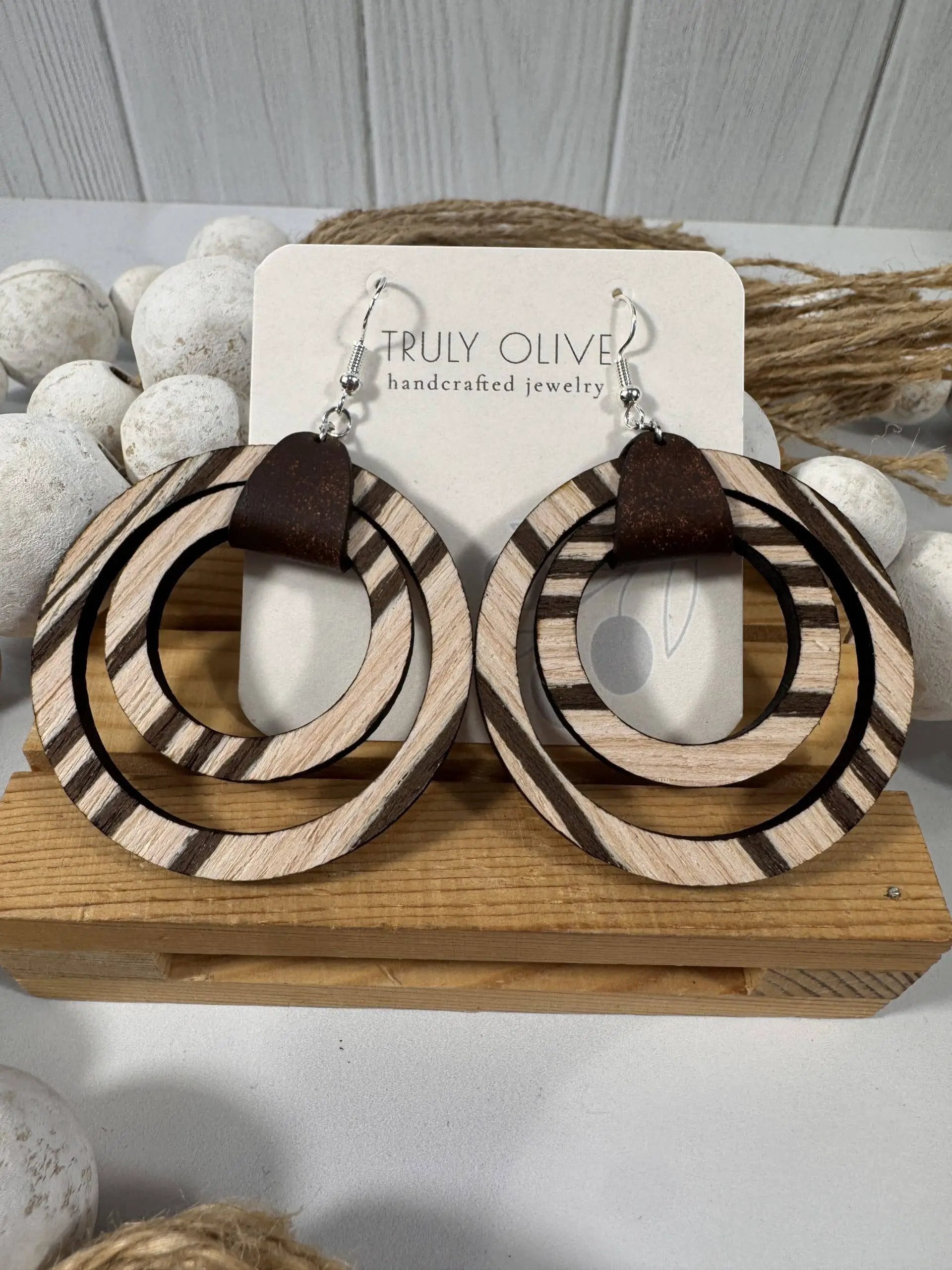 Truly Olive Leather Strap Wooden Hoop Earrings - Earrings Hoop Earrings