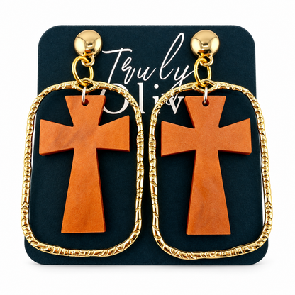 Trulyolive Brown Cross Statement Earrings With Textured Gold Frame - Earrings