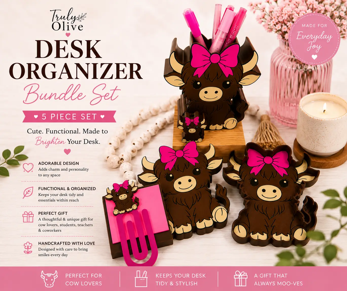 Truly Olive Highland Cow Desk Organizer Set – 5-Piece Cute Cow Office & Desk Accessories Bundle - Desktop Organizers Desk Organizers