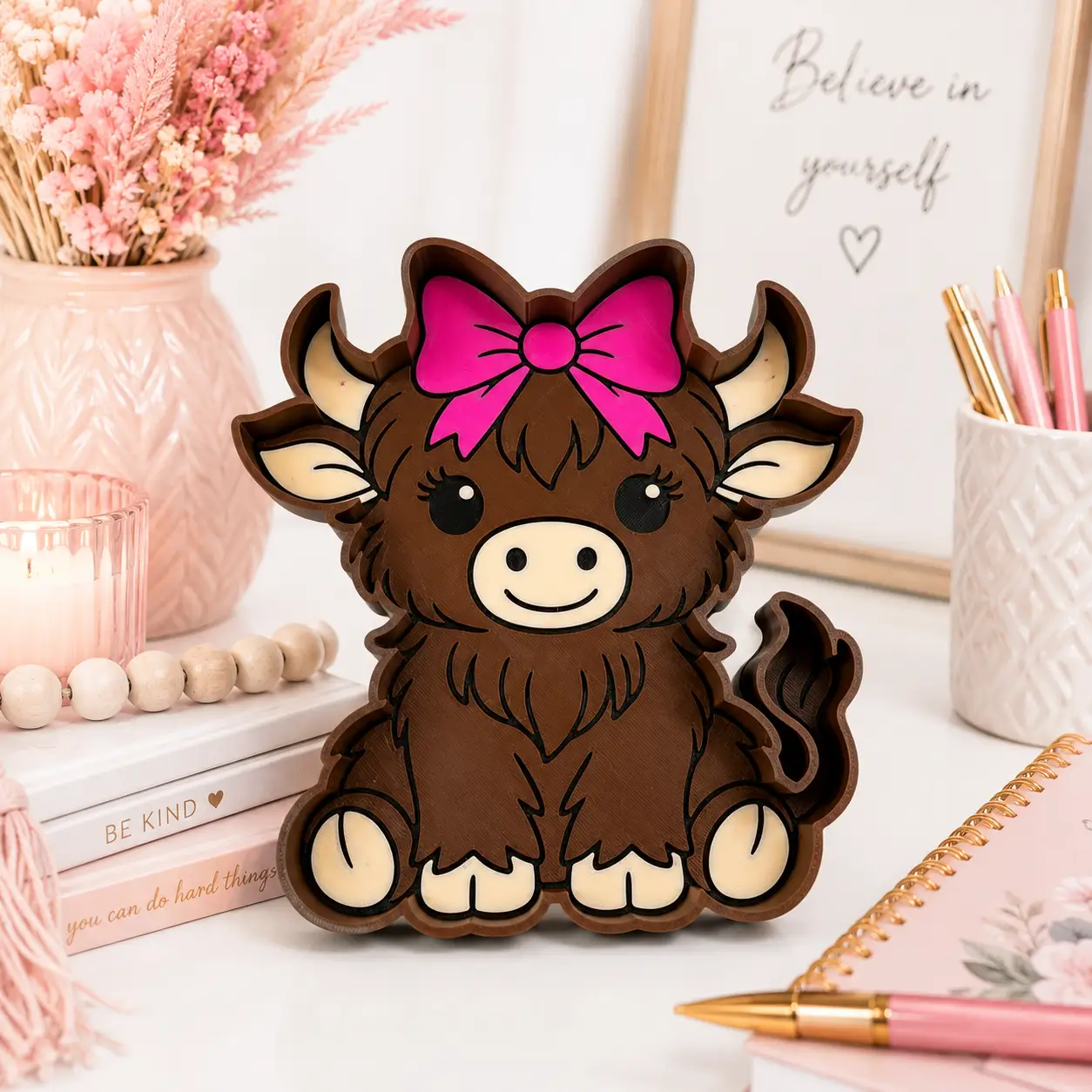 Truly Olive Highland Cow Trinket Tray | Pink Bow Jewelry Dish & Catchall Tray - Decorative Trays Trinket Tray