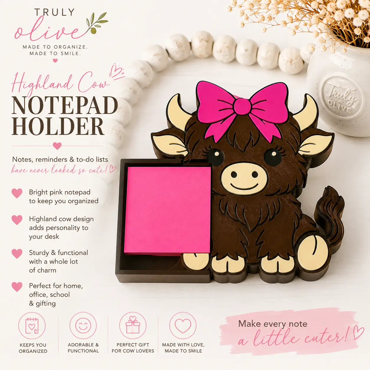 Truly Olive Highland Cow Notepad Holder | Pink Sticky Note Desk Organizer - Notepads Notepad Holder