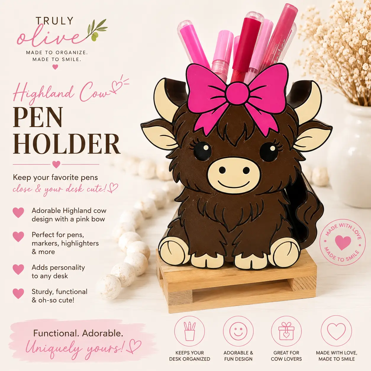 Truly Olive Functional Highland Cow Desk Organizer Five Piece Office Bundle - Desktop Organizers Desk Organizers