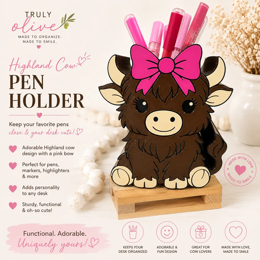 Truly Olive Highland Cow Pen Holder | Pink Bow Cow Desk Organizer & Pencil Holder - Pen Holders Desk Pen Holders