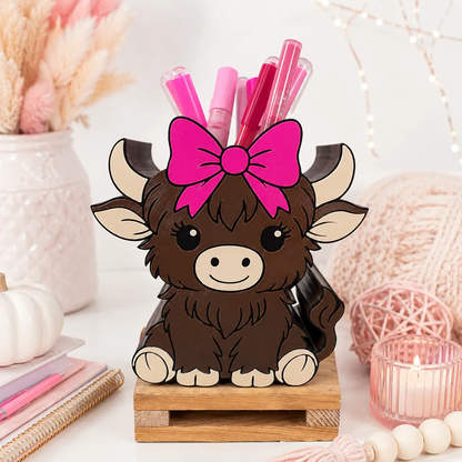 Truly Olive Highland Cow Pen Holder | Pink Bow Cow Desk Organizer & Pencil Holder - Pen Holders Desk Pen Holders