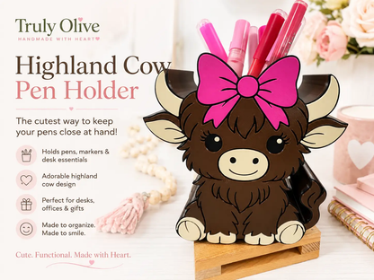 Truly Olive Highland Cow Pen Holder | Pink Bow Cow Desk Organizer & Pencil Holder - Pen Holders Desk Pen Holders