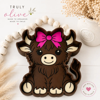Truly Olive Highland Cow Trinket Tray | Pink Bow Jewelry Dish & Catchall Tray - Decorative Trays Trinket Tray