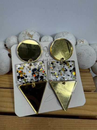 Truly Olive Gold Black and White Glitter Confetti Acrylic Earrings - Earrings Dangle Earrings