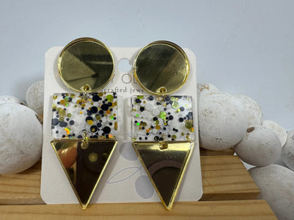 Truly Olive Gold Black and White Glitter Confetti Acrylic Earrings - Earrings Dangle Earrings