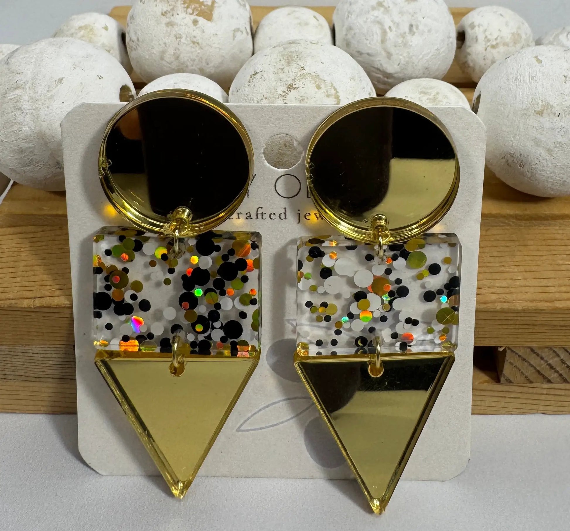 Truly Olive Gold Black and White Glitter Confetti Acrylic Earrings - Earrings Dangle Earrings