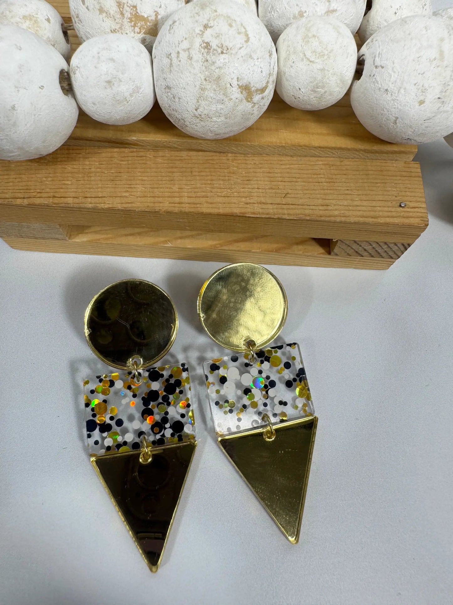 Truly Olive Gold Black and White Glitter Confetti Acrylic Earrings - Earrings Dangle Earrings